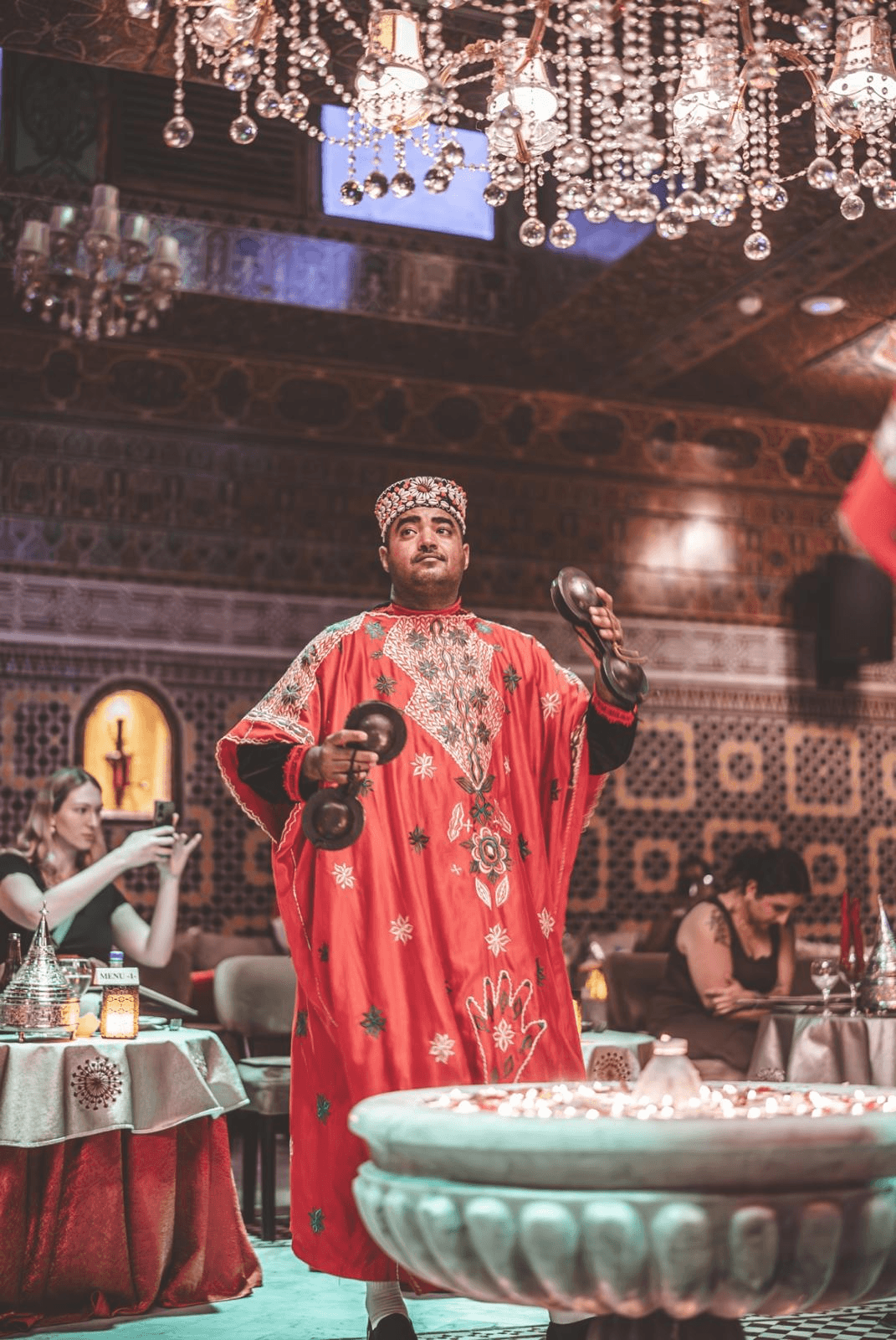 Historic dining palace and evening show atmosphere at Dar Essalam in the Marrakech medina