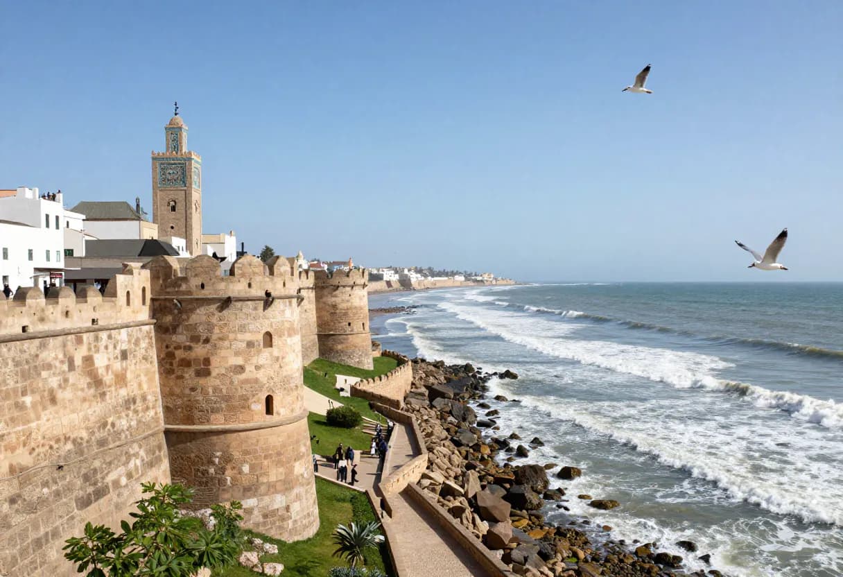 Essaouira Atlantic coastline and active seaside harbor