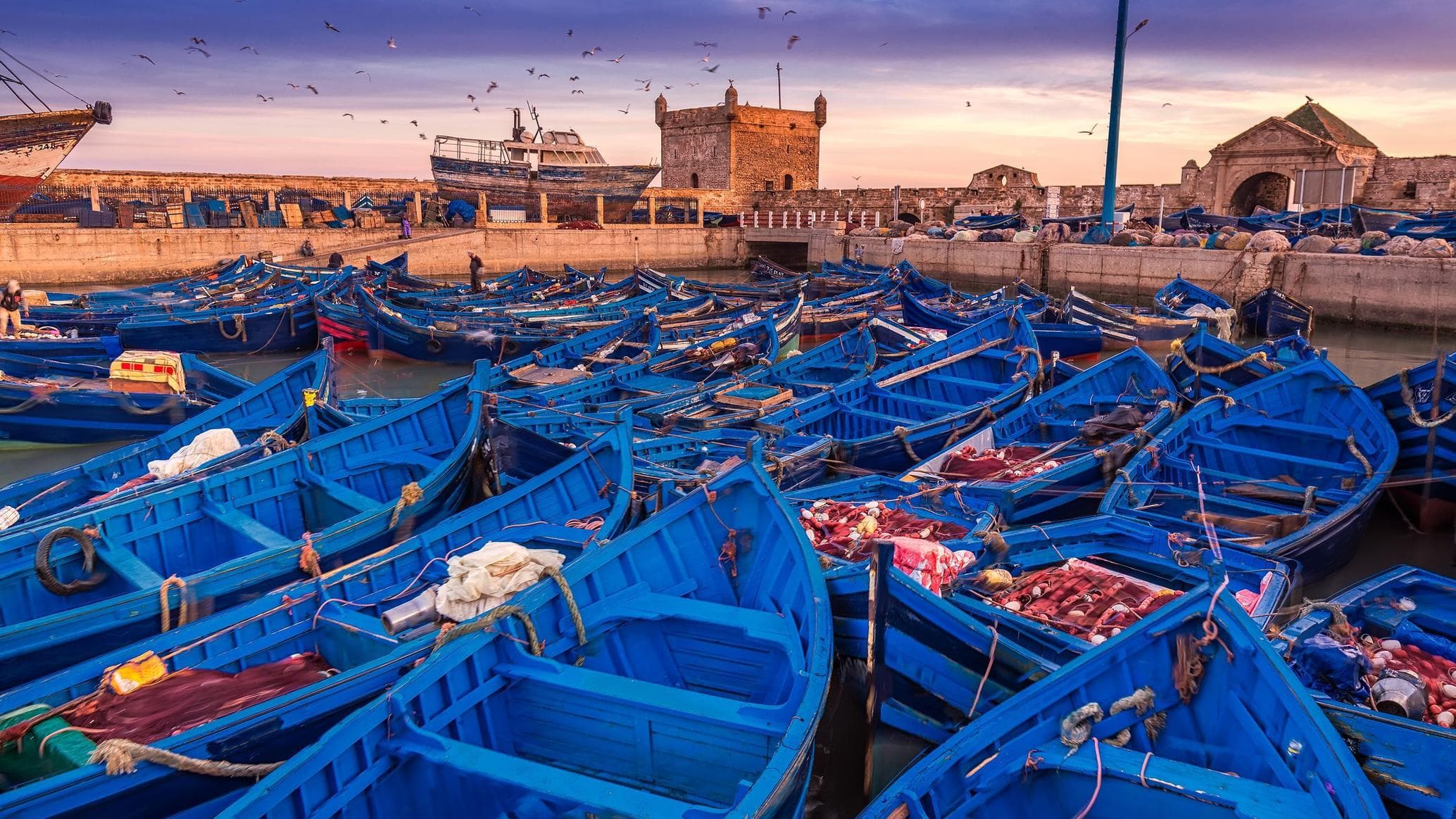 Historic stone fortifications and ocean bastions in Essaouira