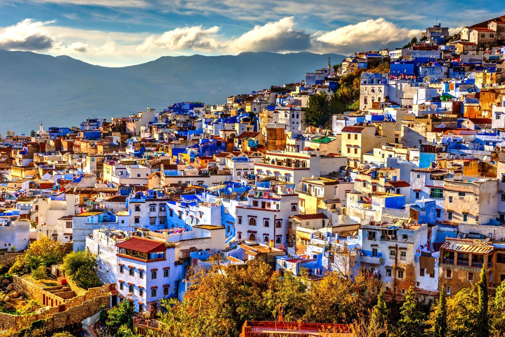 Panoramic view of the blue mountain city of Chefchaouen