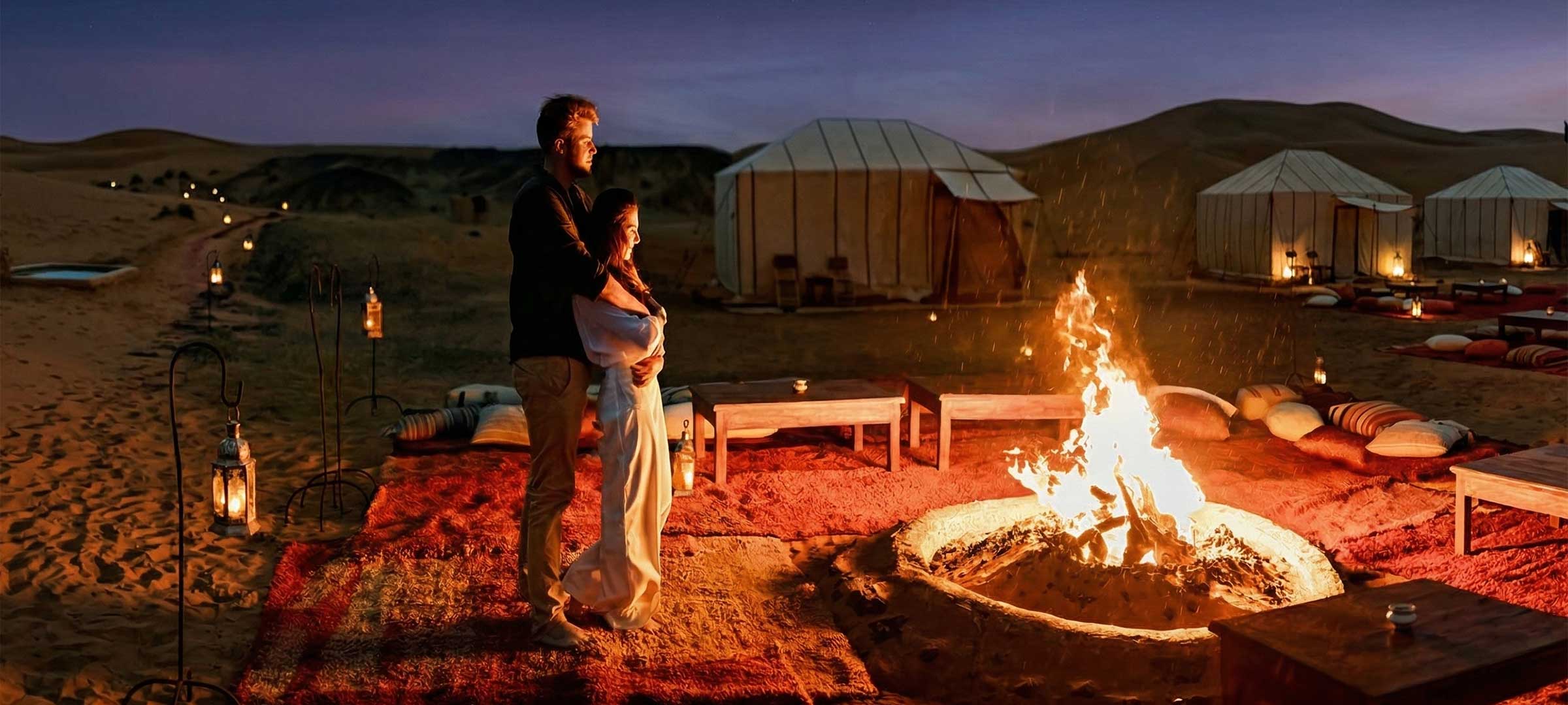 Traditional Berber-style tented camp at night